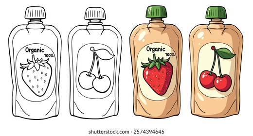 Strawberry and Cherry Food Pouches Line Art Vector Illustration Black and White with Coloring Sample. Bold and Easy Food, Fruits, Sweets, Drinks, Dessert, and Snacks Coloring Pages for Adults and Kids