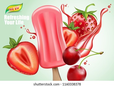 Strawberry and Cherry fruit popsicle, ice cream ads, Vector 3D realistic with liquid splashing and fruit for tropical summer in 3D illustration. Of free space for your copy and branding.