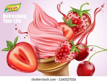 Strawberry and Cherry fruits ice cream ads, Vector 3D realistic with liquid splashing in 3D illustration. Of free space for your copy and branding. Food concept for advertising.