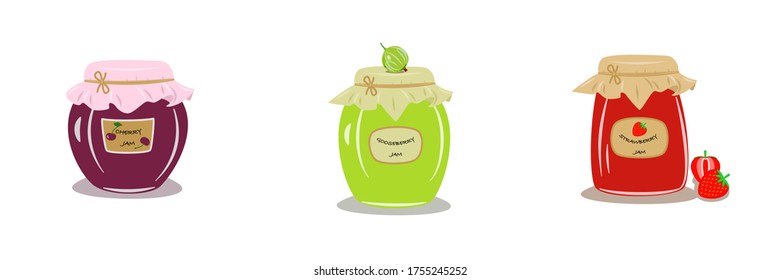 Strawberry cherry gooseberry jam in jars. Vector illustration 