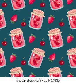 Strawberry, cherry jam jar with berry. 3d cute illustration vector seamless pattern.