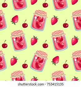 Strawberry, cherry jam jar with berry. 3d cute illustration vector seamless pattern.