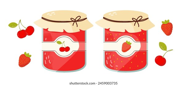 Strawberry and cherry jam in a jar.  Vector illustration in flat style isolated on white background
