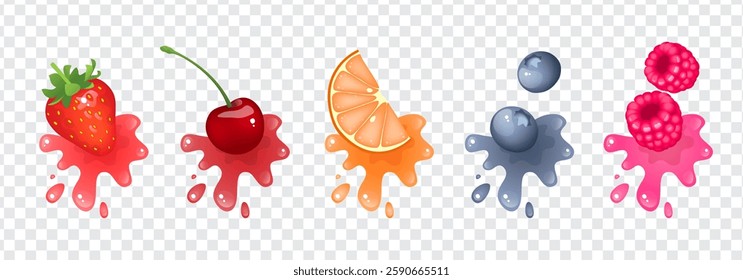 Strawberry, cherry, orange, blueberry, raspberry. Beautiful bright fruits and berries with juice stains. Set of isolated vector illustrations on transparent background