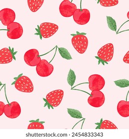 Strawberry and cherry pattern. Seamless summer background with watercolor red berries