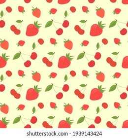 Strawberry and cherry seamless fabric design. Cute fruits pattern. Vector illustration.