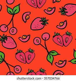 strawberry and cherry sketches. Seamless pattern. Vector illustration.