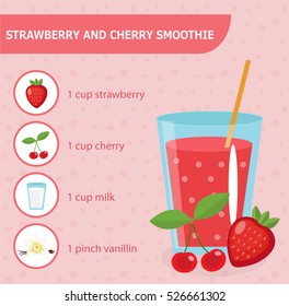 Strawberry and cherry smoothie recipe with ingredients. Smoothies, milkshake recipe. Healthy smoothies recipe. Detox smoothie recipe. Organic raw Shake. Healthy diet. Vector illustration.