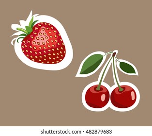 Strawberry and cherry stickers. Vector illustration. Brown background