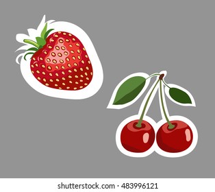 Strawberry and cherry stickers. Vector illustration. Gray background