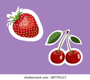 Strawberry and cherry stickers. Vector illustration. Purple background