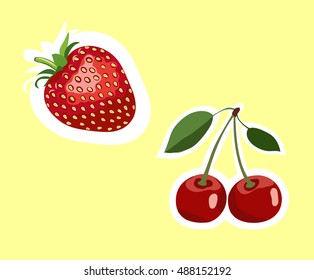 Strawberry and cherry stickers. Vector illustration. Yellow background