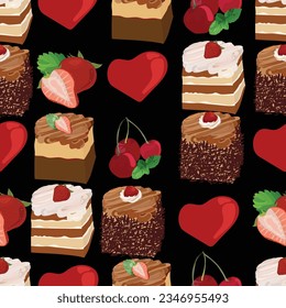 strawberry and chery chocolate cake seamless pattern