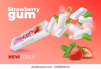 Strawberry chewing gum with spearmint leaves, realistic vector product package background. Chewing gum pillows splash from pack with strawberry berry and mint leaf and fresh cool wave of white glare