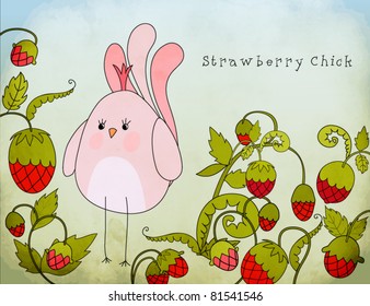 Strawberry Chick, cute pink bird in the strawberry field poster or greeting card