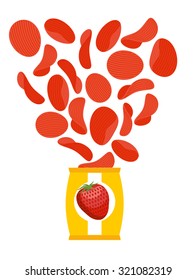 Strawberry chips. Fruit red chips. Chips with taste of berries. Packaging of snacks. Bundles of chips fly. Delicacy for vegetarians