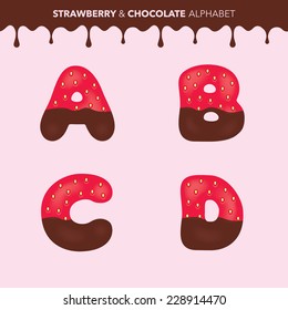 Strawberry and chocolate alphabet (characters A, B, C, D) and flowing drops pattern - vector illustration