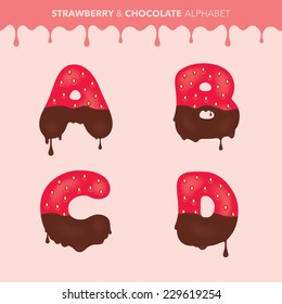 Strawberry and chocolate alphabet (characters A, B, C, D) and flowing drops pattern - vector illustration