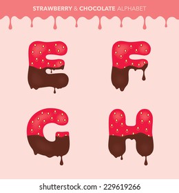 Strawberry and chocolate alphabet (characters E, F, G, H) and flowing drops pattern - vector illustration