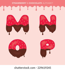 Strawberry and chocolate alphabet (characters M, N, O, P) and flowing drops pattern - vector illustration