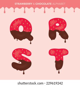 Strawberry and chocolate alphabet (characters Q, R, S, T) and flowing drops pattern - vector illustration