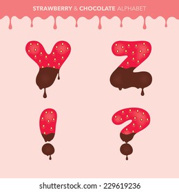 Strawberry and chocolate alphabet (characters Y, Z, question mark and exclamation mark) and flowing drops pattern - vector illustration