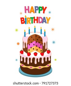 Strawberry chocolate cake with candles - birthday greeting card! flat vector illustration isolated on white background