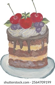  Strawberry chocolate cake hand drawn watercolor illustration clipart