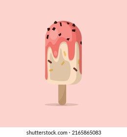 Strawberry chocolate chip ice cream popsicle illustration.