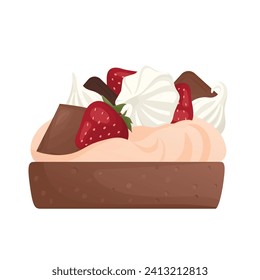 Strawberry and chocolate Cream cacao Tart with Whipped Mascarpone and Meringue. Bakery, sweet food, dessert, pastry concept. Vector illustration for poster, banner, cover, card, postcard, menu.