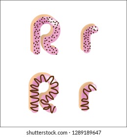 strawberry chocolate donut font concept with chocochip, delicious letter r, 3d rendering isolated on white background, tempting typography icing