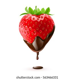 Strawberry in Chocolate Drop on White Background Isolated