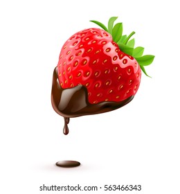 Strawberry with Chocolate Drop on White Background Isolated