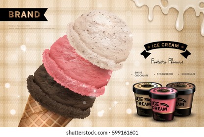 strawberry and chocolate flavor ice cream ad, isolated beige tartan background, 3d illustration