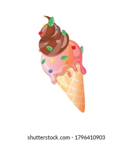 Strawberry and chocolate flavored ice cream cone decorated with sprinkles and mint leaves.