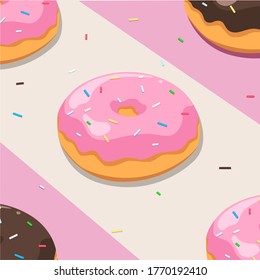 Strawberry and chocolate glazed donuts with rainbow sprinkles on striped background. Vector illustration