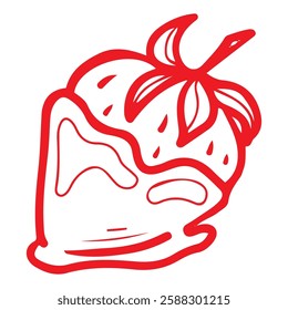 Strawberry in chocolate. Hand drawn doodle. Berry dessert. Sweet tasty food. Fresh fruit. Vector line art illustration.