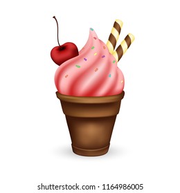 Strawberry chocolate ice cream 3D isolated on white. Fast food concept. Vector illustration EPS10.
