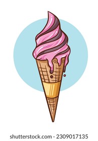 Strawberry and chocolate ice cream cone with spilling ice cream vector illustration isolated on vertical white and blue background. Simple flat outlined cartoon food drawing.