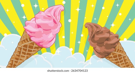 Strawberry and chocolate ice cream cone with colorful stripes and clouds background. Vector illustration for design.