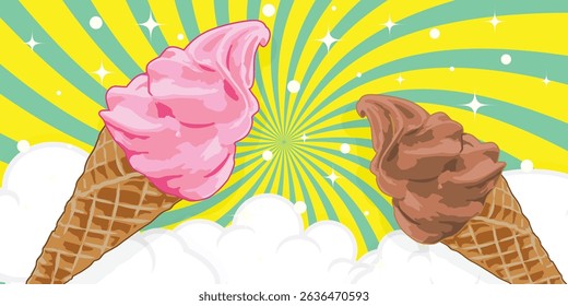 Strawberry and chocolate ice cream cone with spiral and cloud pattern background. Vector illustration for design.