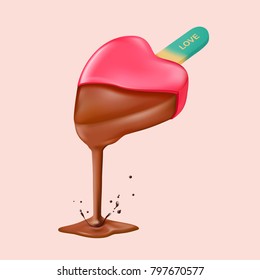 Strawberry and chocolate ice cream with heart shaped dripping down, illustration and design.