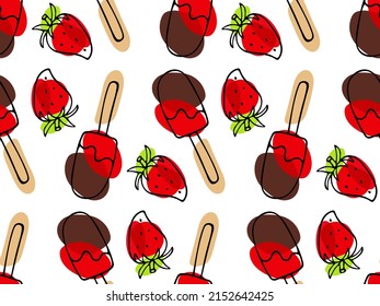 Strawberry with Chocolate ice cream seamless pattern. Ice Cream stick and strawberry repeated Vector illustration. Frozen Food template for cafe, restaurant menu, textile, wallpaper, wrapping paper.