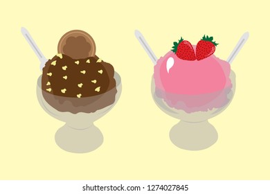 Strawberry and Chocolate Ice Cream Sundae Vector Set