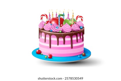 strawberry and chocolate icing cream cake, birthday cake isolated on the white background vector illustration.