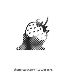 Strawberry chocolate icon in halftone style. Black and white monochrome vector illustration.