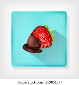 Strawberry in chocolate. Icon with long shadow. EPS10 vector