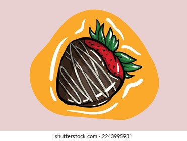 Strawberry and chocolate with melting in the middle isolated on solid color background, Vector cartoon in hand drawn illustration. Food concept.