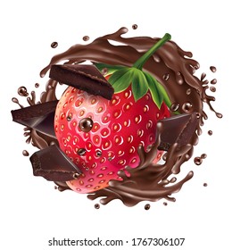 Strawberry with chocolate pieces and a splash of chocolate.