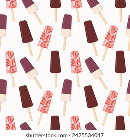 Strawberry and chocolate popsicle ice cream on a stick. Seamless pattern in vector flat style. 
